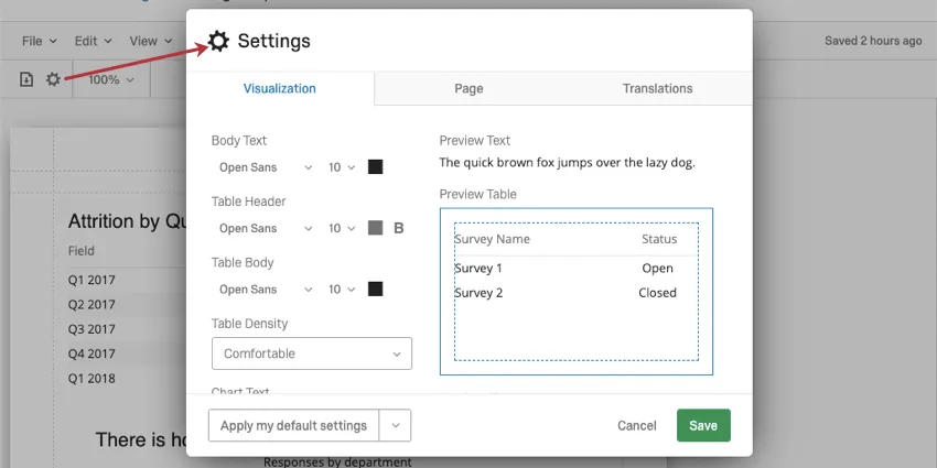 Bild der globalen Einstellungen. Sie werden aufgerufen, indem Sie auf das Zahnradsymbol in der Berichtssymbolleiste klicken.