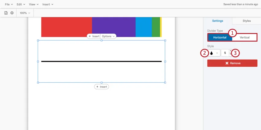 immagine delle opzioni di personalizzazione di un divisore. È possibile modificare lorientamento, il colore e la larghezza