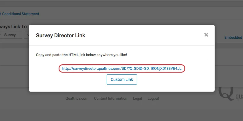 Survey Director Link pop-up with link provided