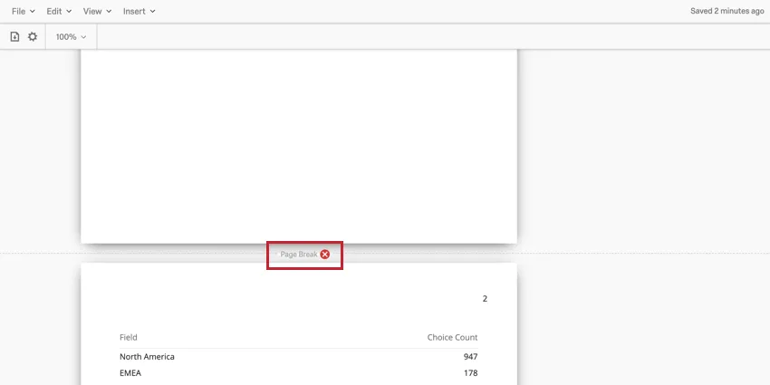 image of a page break in a report. the red x is next to the page break for removing it