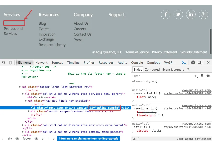 ウェブサイトのメニュー。メニューに新しいリンクが収まる黒いスペースが表示されます。インスペクト・エレメントで、IDを検索する。