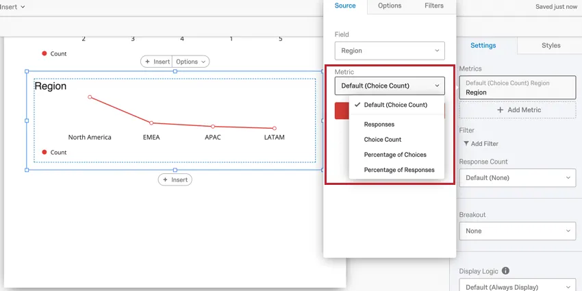 image of the metric drop down for text set & multi answer text set fields