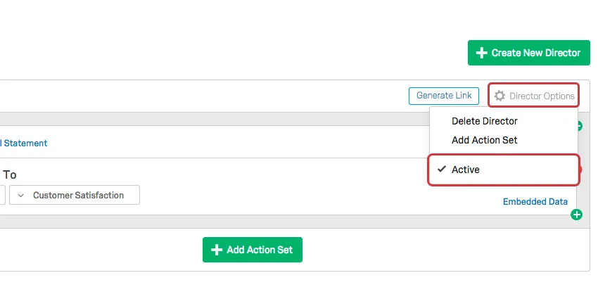 Le menu déroulant Director Options avec loption Active cochée