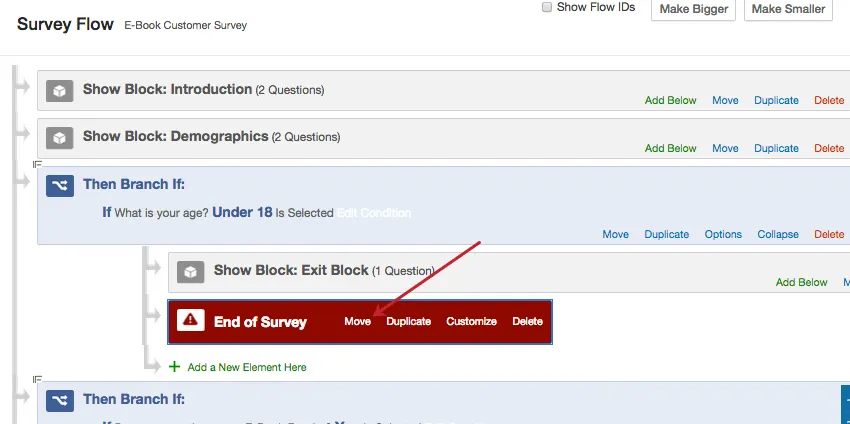 move button on an end of survey element