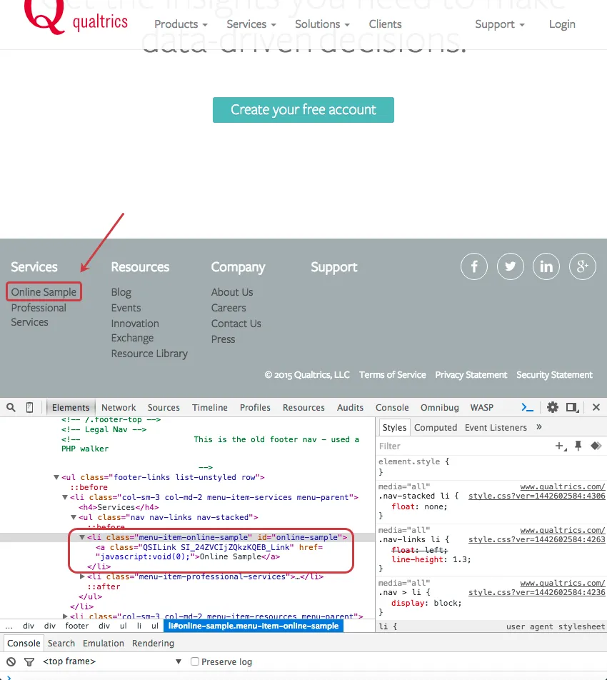 A link in the menu, the Inspect Element window is open