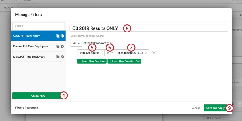 imagen de la creación de un filtro basado en una fuente de datos de Tablero específica. La lógica es que la fuente del conjunto de datos es engagement 2019