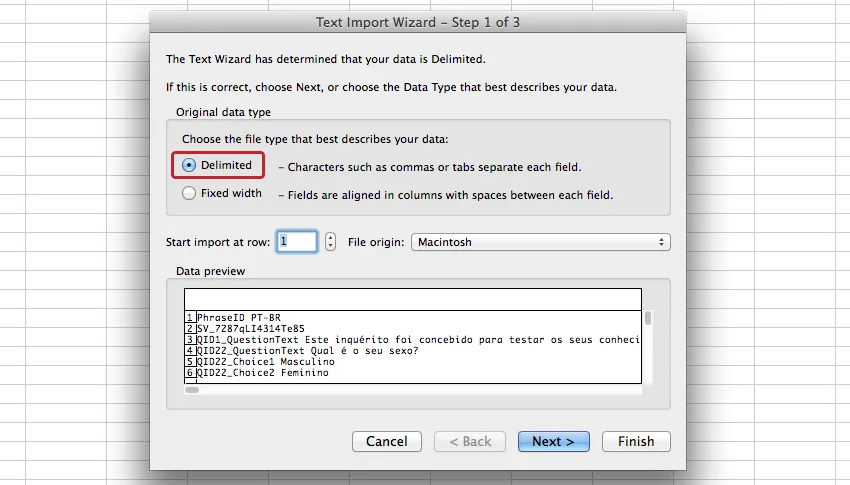 On the text import wizard, the field type is delimited and the import starts at row 1