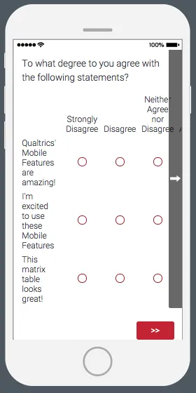 A matrix table that must be scrolled through horizontally