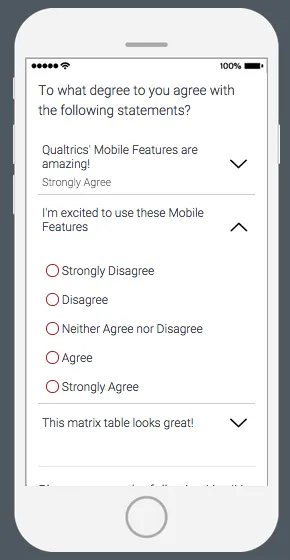 On a phone, the matrix table appears so the statement can be clicked to reveal the scale points