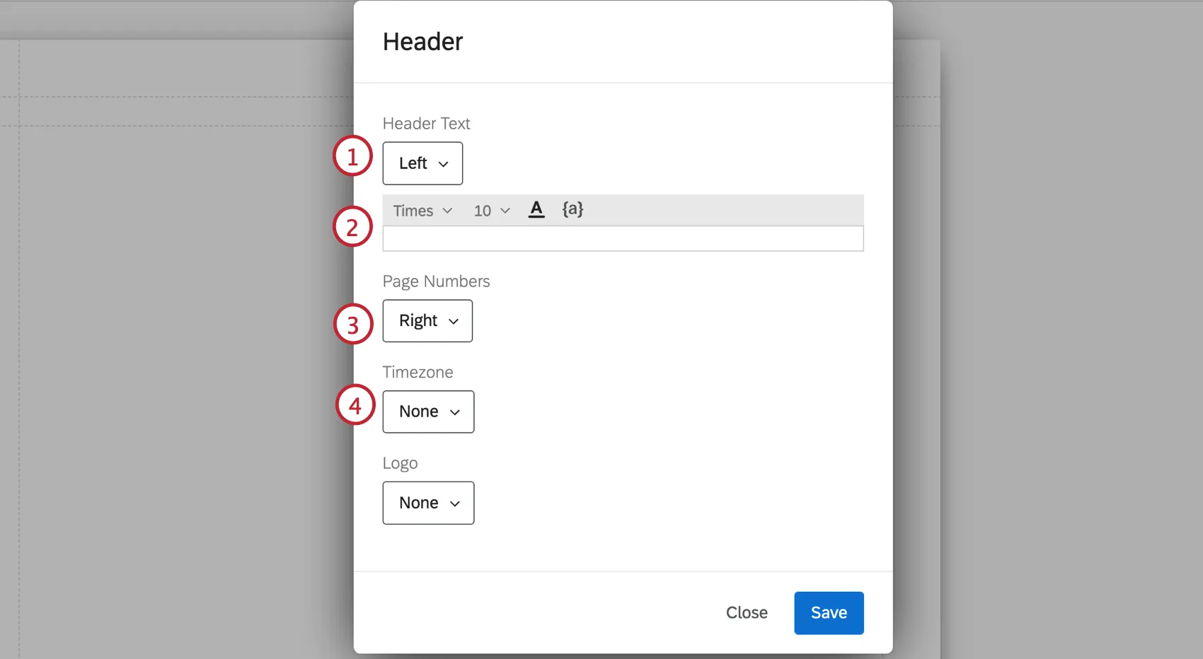 image of the customization options for a header or footer