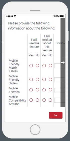 A side by side question that must be scrolled through on mobile