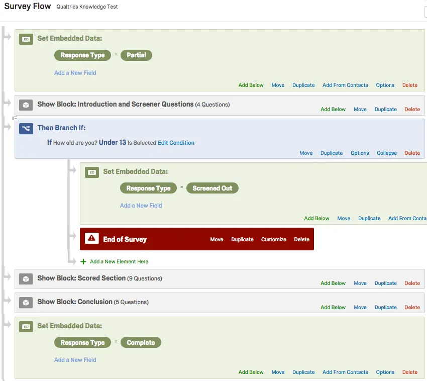 Response type embedded data added to the top and bottom of the survey. at the top the value is partial and at the bottom the value is complete