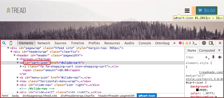 finding the shopping cart icon using the console