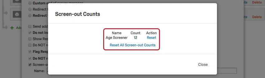 Screen out counts window shows number of screen outs