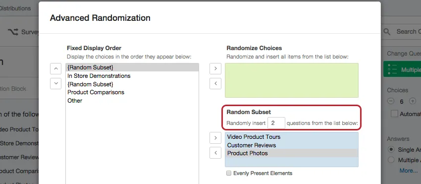 Four choices are in Random Subset to the right. The settings say randomly insert 2 questions from this list, so on the left, it says Random Subset TWICE where the items should be randomized