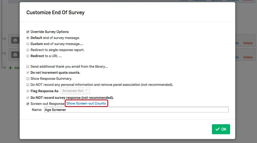 Show Screen Out Counts link