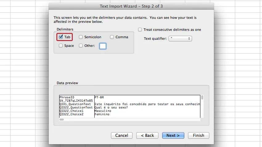 Los delimitadores están configurados como tabuladores