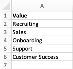 eine csv für den Import von Tag-Werten. Die Datei enthält eine Spalte mit dem Kopfzeilenwert. Jede Zelle enthält einen Wert für das Tag.