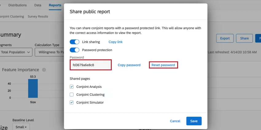 the sharing screen. password protection has been enabled. you can copy or edit the password in the password box. click reset password to reset the password
