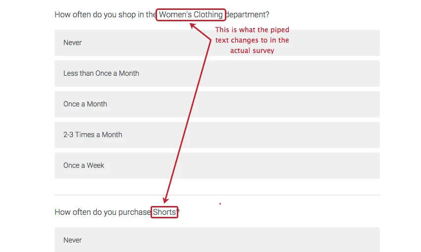 An image of the same questions in a survey, where the Piped Text has transformed into looped fields