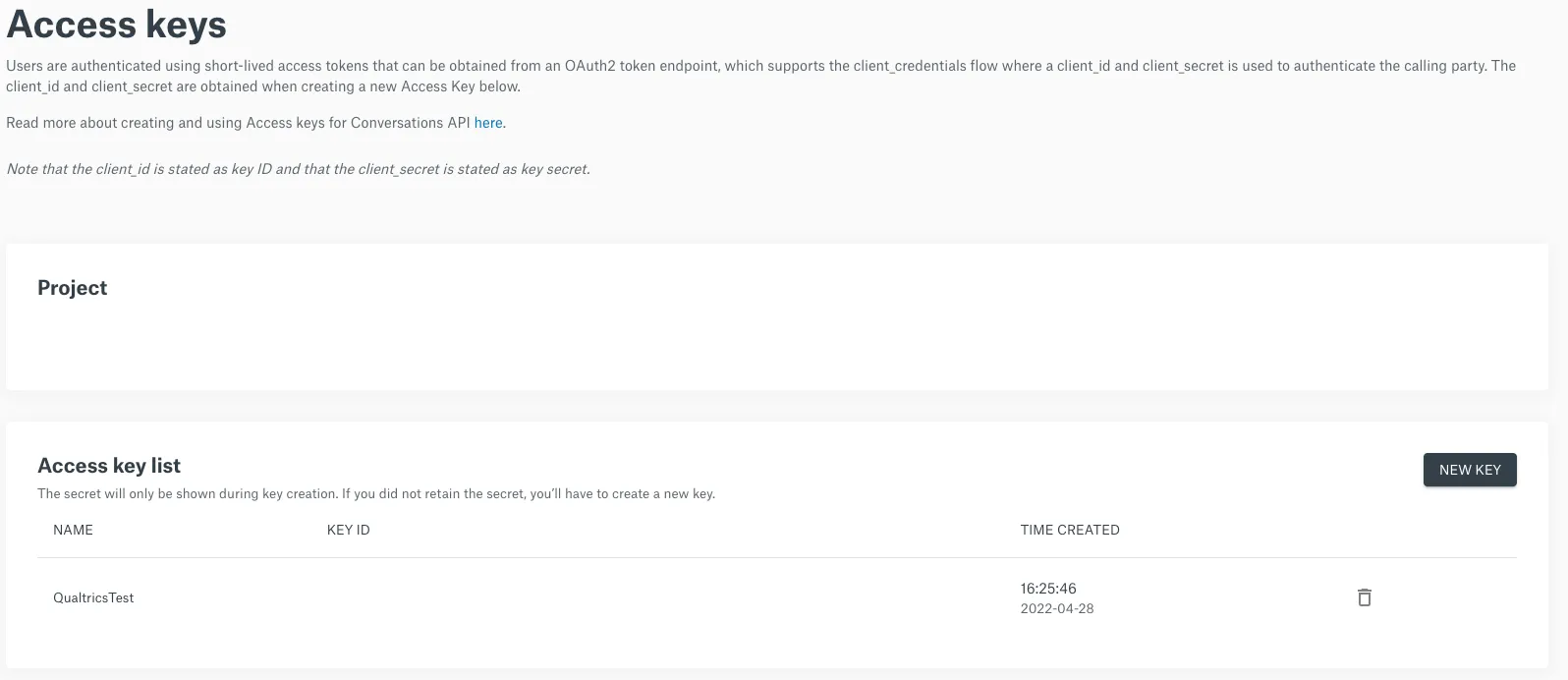 Sinch Access Keys Dashboard