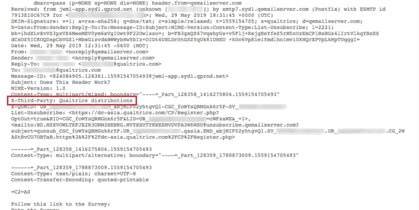 Texto com cabeçalho de e-mail personalizado mostrado após clicar em Mostrar original