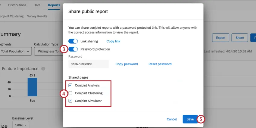 condividere un rapporto. la protezione con password è attivata. in pagine condivise, i rapporti Analisi congiunta e Simulatore sono selezionati mentre il rapporto Cluster è deselezionato