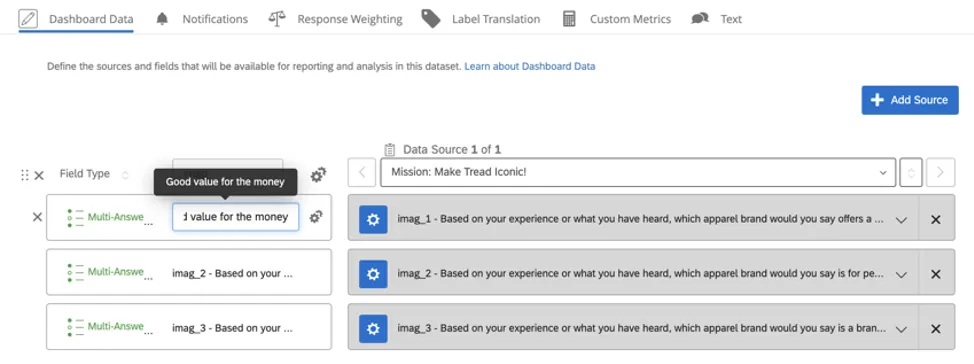 Fields mapped in the dashboard data