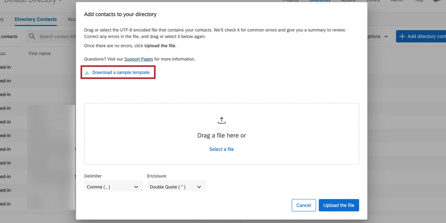 Lien vers un échantillon de modèle dans lécran de téléchargement des contacts du répertoire
