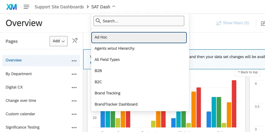 Immagine della tendina dei dashboard nella parte superiore di ogni dashboard