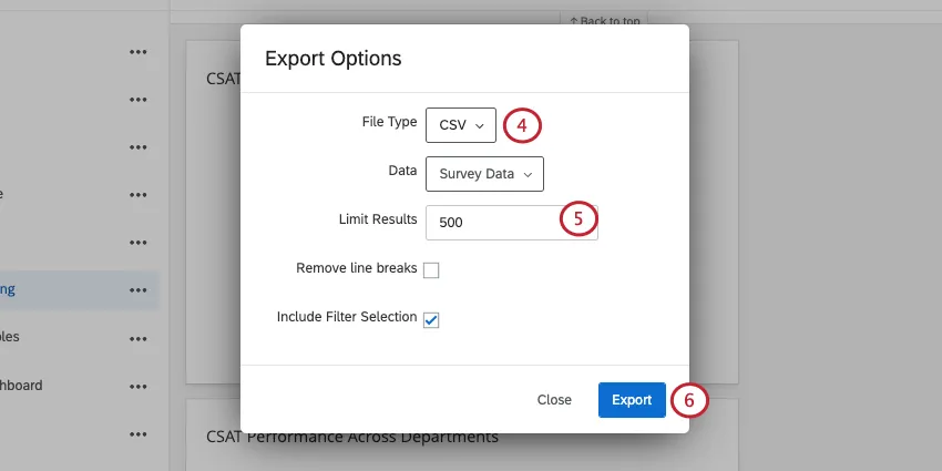 Export options window says file type csv, limit results 500, remove line breaks not selected, include filter results is selected