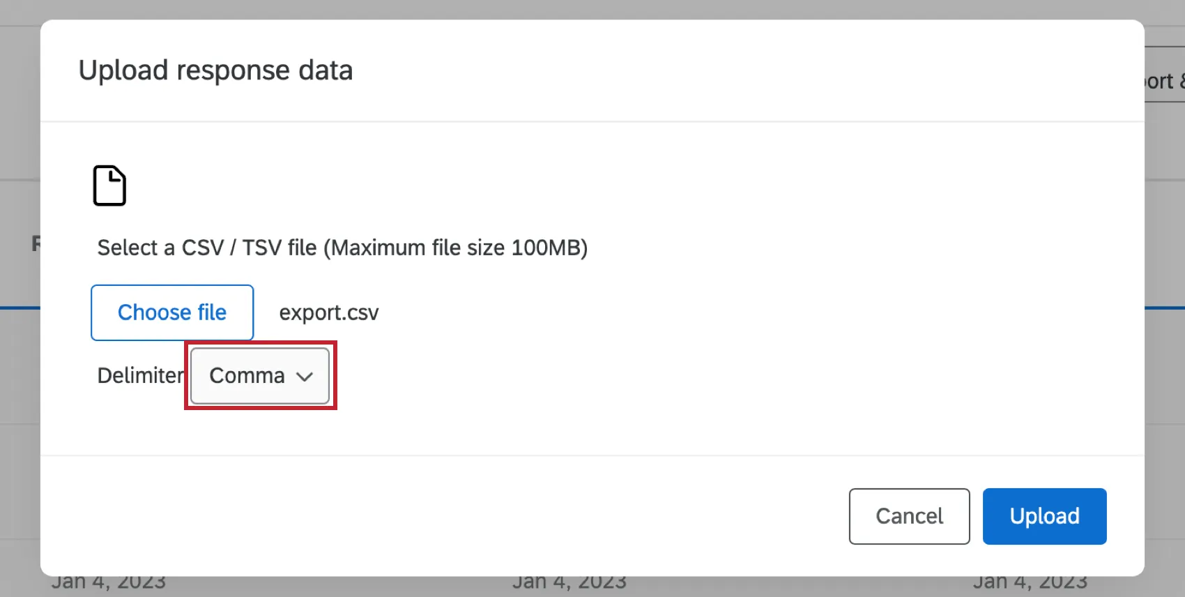the delimiter dropdown menu for choosing a line delimiter