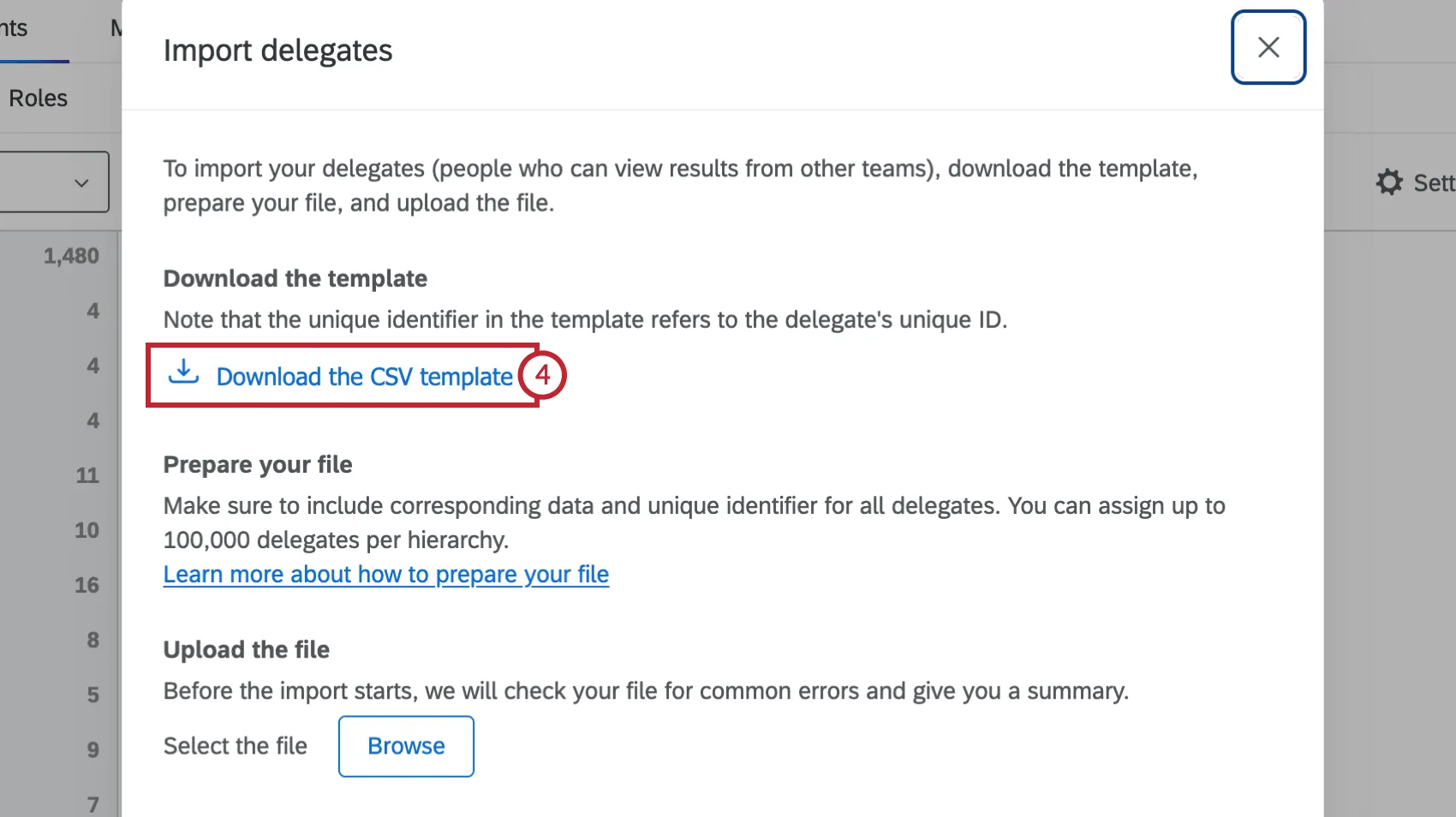 cliccando sul download del modello CSV per limportazione dei delegati
