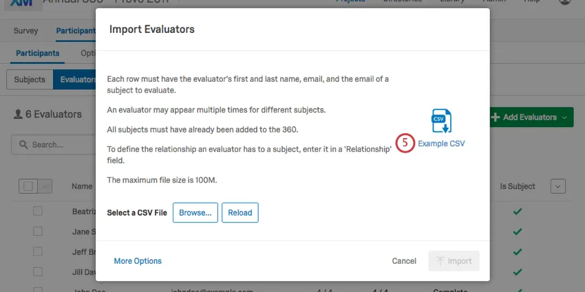 Selecting the Example CSV option from the Import Evaluators pop up window