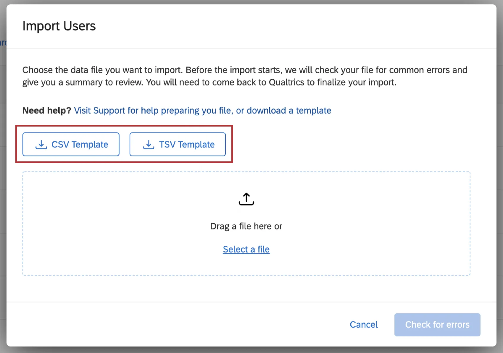 Blue CSV Template and TSV Template link on the Add Users window