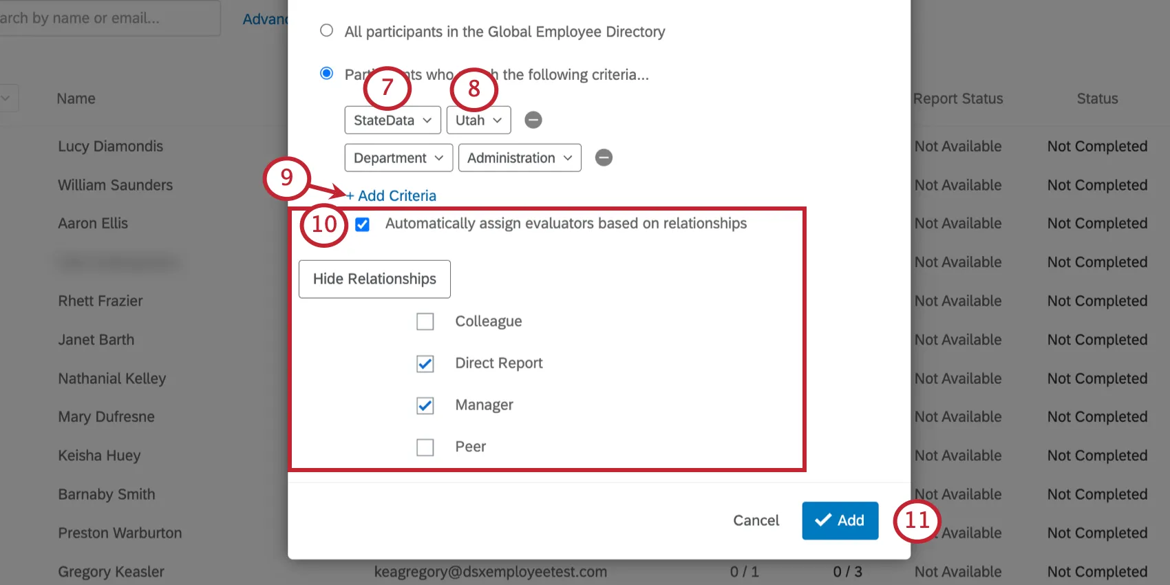 Seleccionar criterios para filtro a los evaluadores. Luego decidir qué relaciones importar.