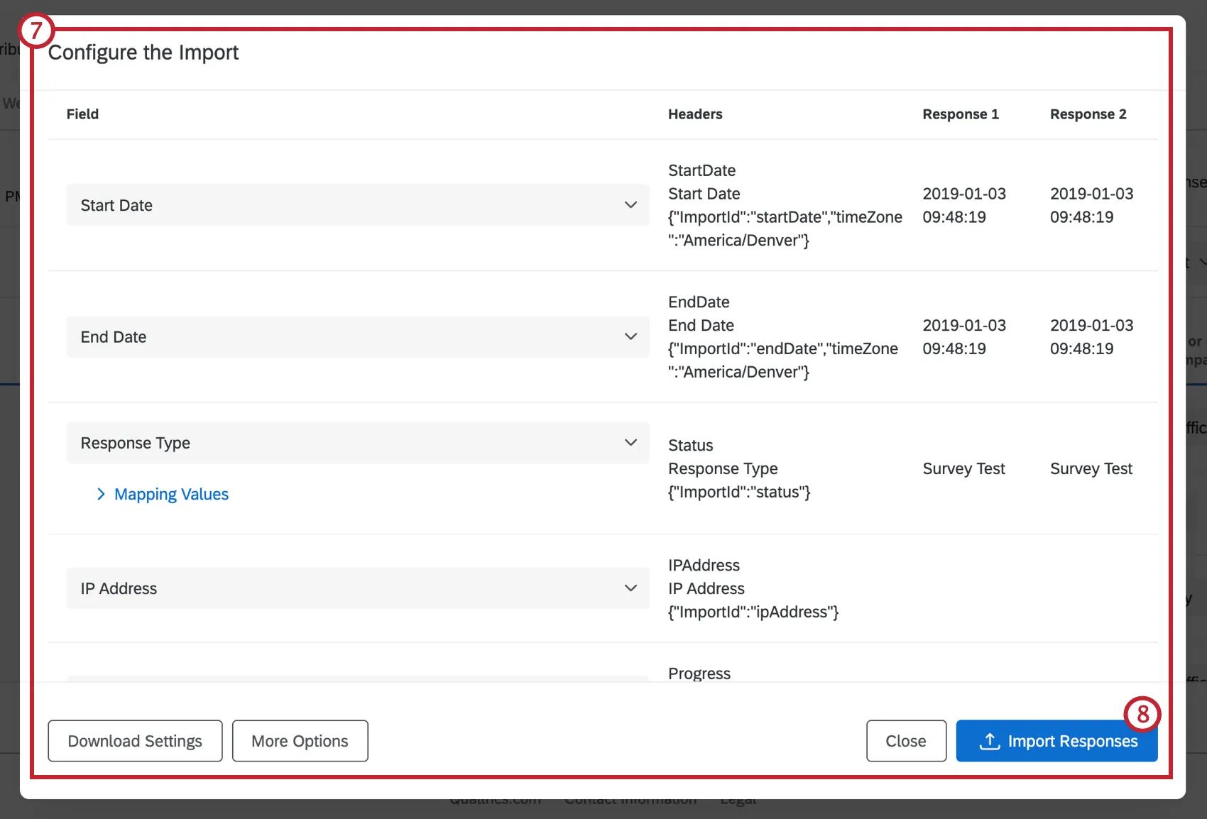 Configurar el menú Importar, con botón para Importar Respuestas
