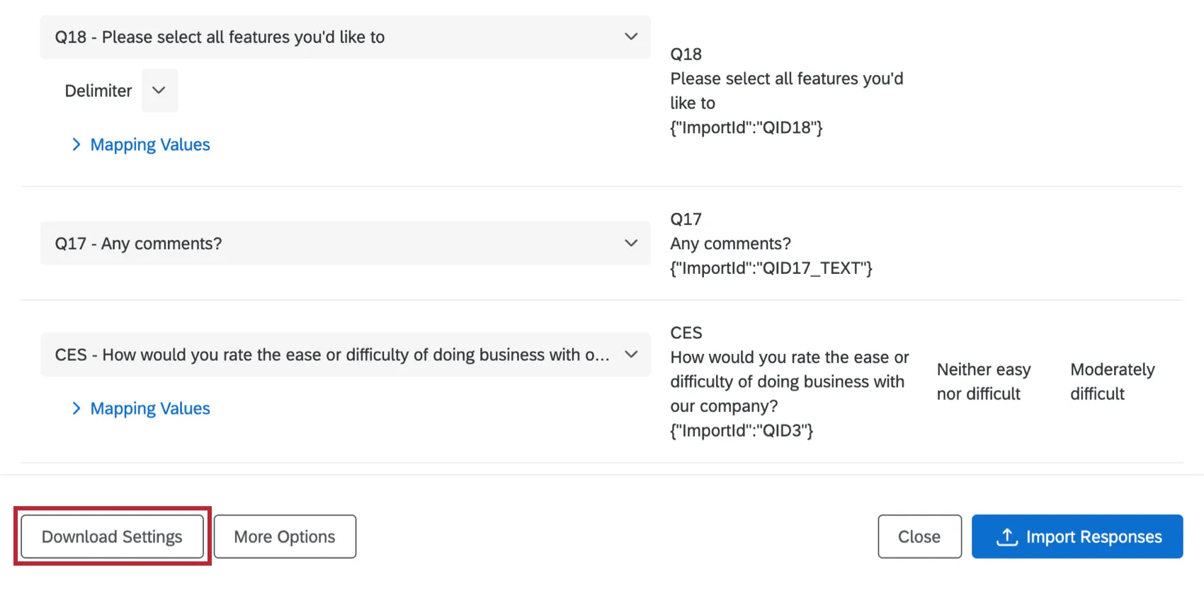 Option de téléchargement des paramètres en bas à gauche ou menu Configurer limportation