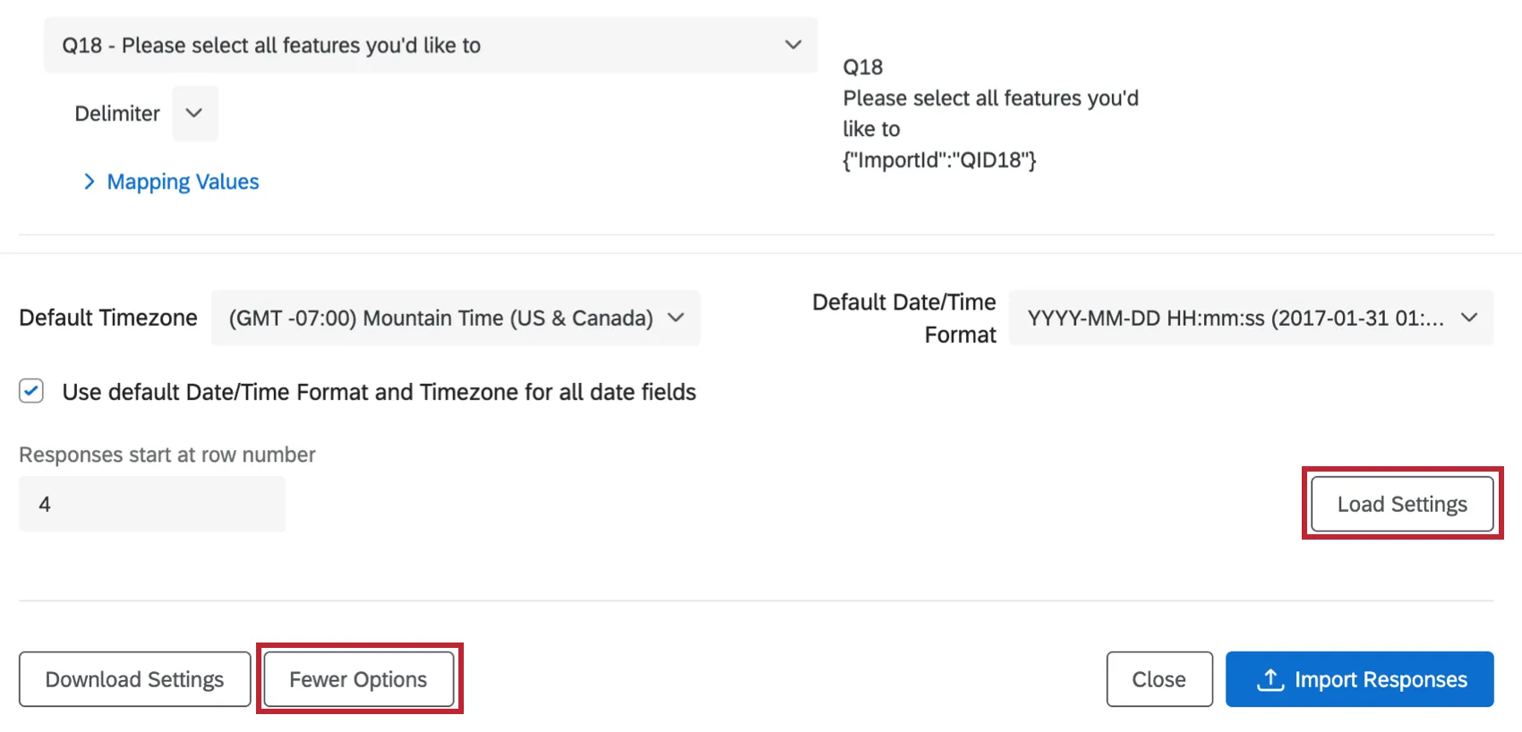 Option de chargement des paramètres en bas à droite et quelques options en bas à gauche de Configurer la réponse