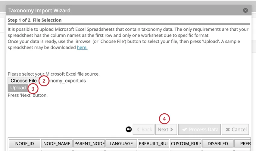 selecting the taxonomy file saved on your computer