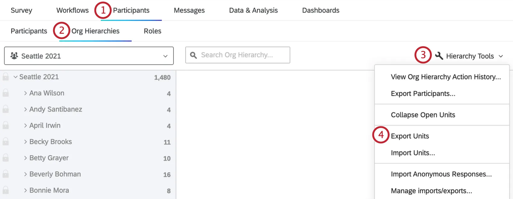 using the hierarchy tools menu to export and import units