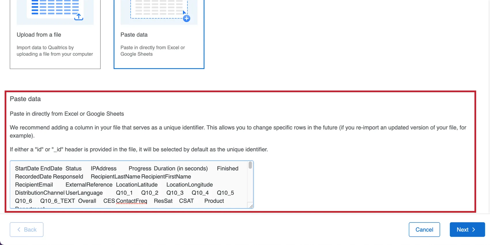 Paste data option, with an open field where you can paste the data