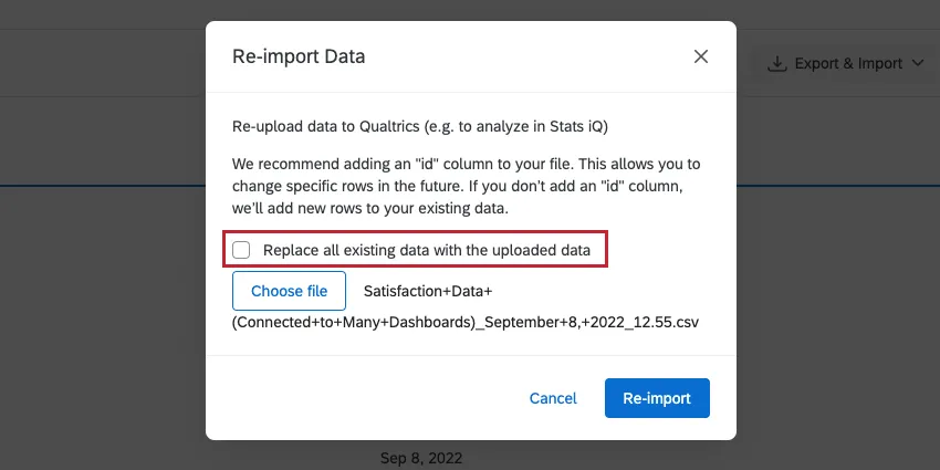 Image of re-import data window with the setting described deselected