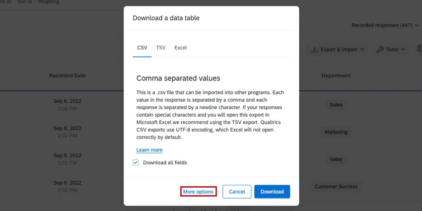 Das Fenster zum Herunterladen einer Datentabelle ist geöffnet, und die Drucktaste "Weitere Optionen" ganz unten ist hervorgehoben.