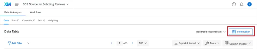 Showing the field editor button on the right of the data & analysis page, underneath the tab and section nevigation