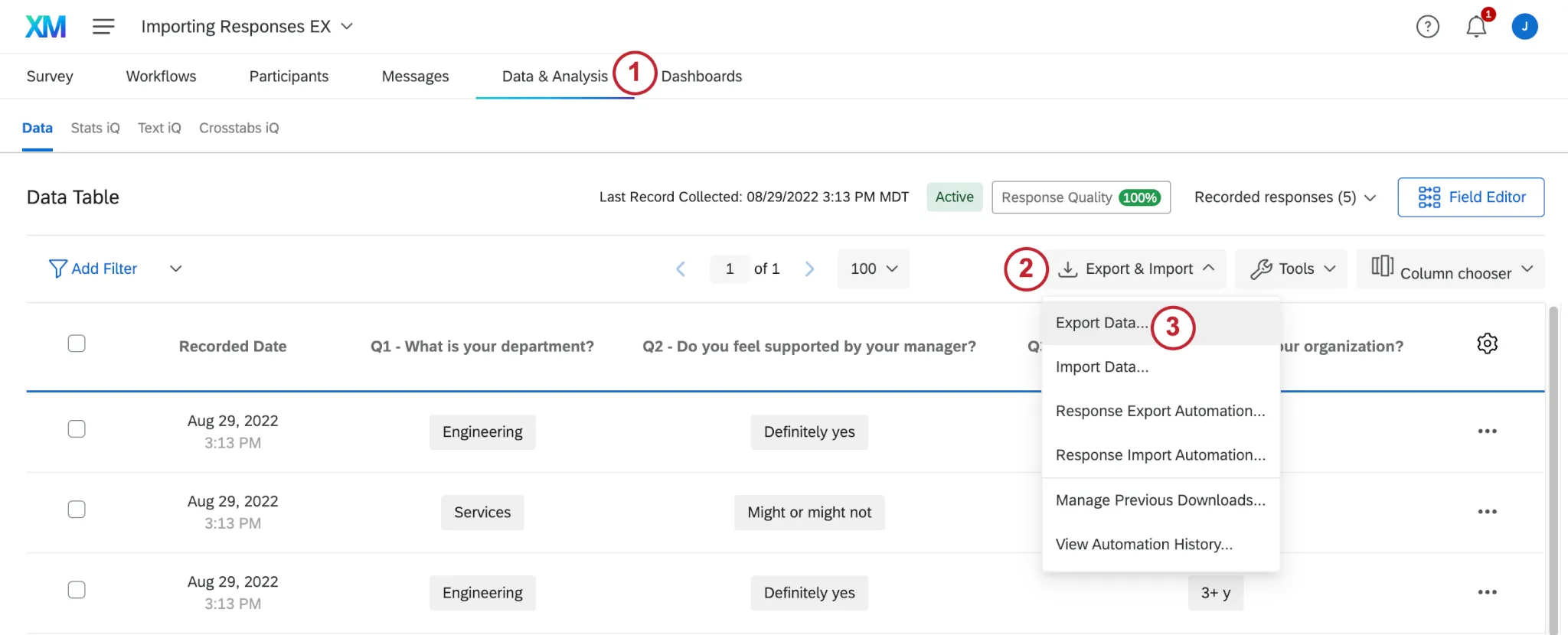Export and Import button expanded to reveal the Export Data option