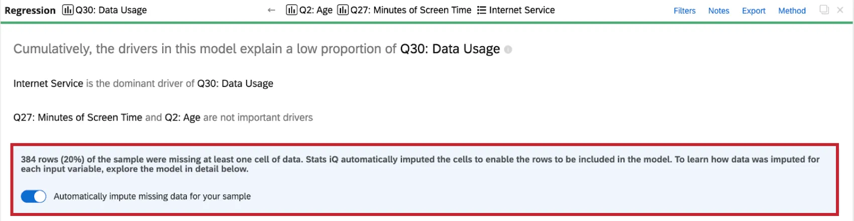 regression card with imputation option highlighted