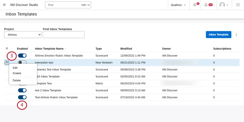 clicking 3 line menu next to a template on the inbox templates page