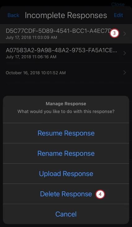 List of partial responses with Description and Date displayed. Options to Resume, Rename, Uploaded, or Delete the partial response