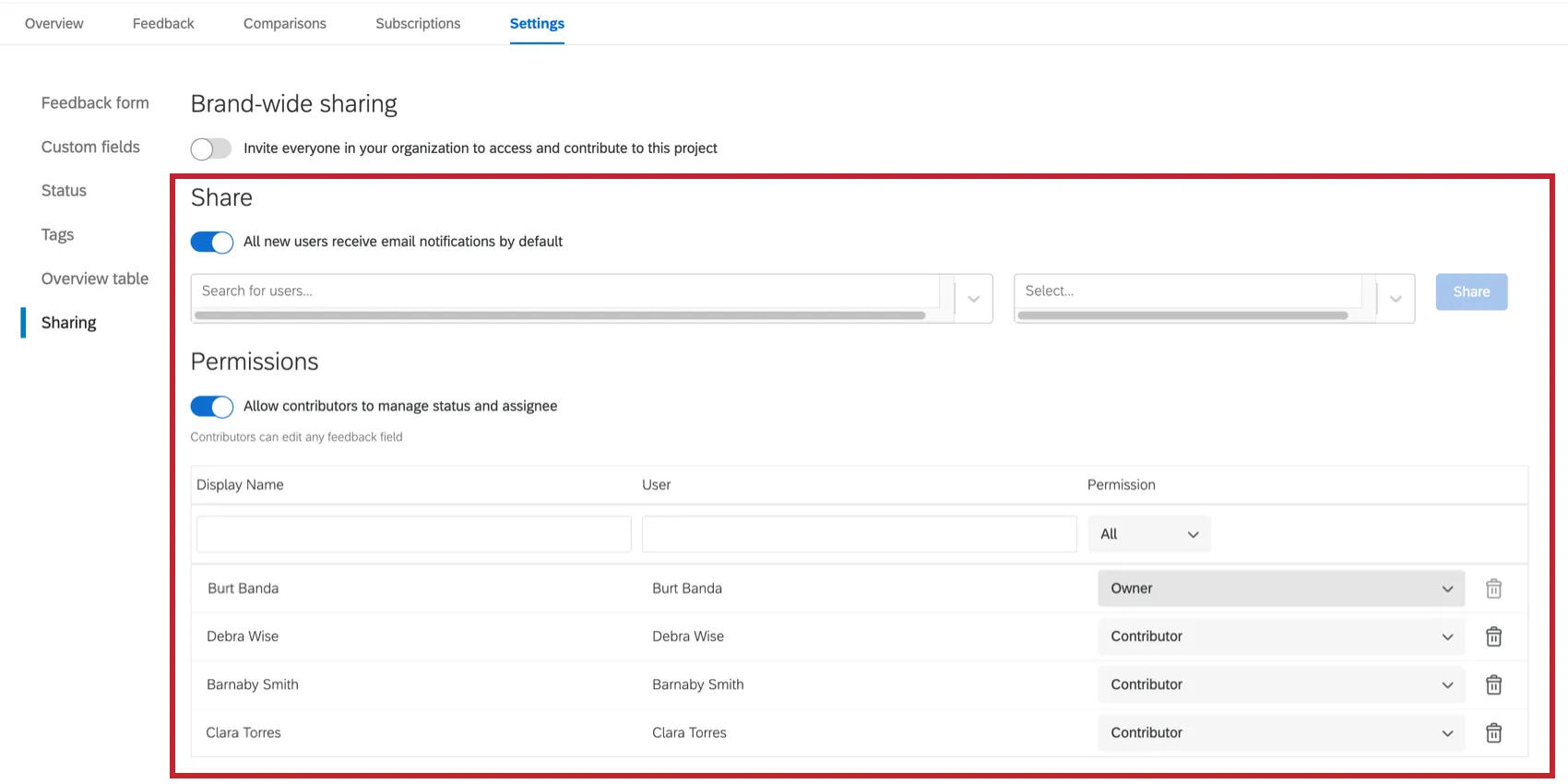 the share and permissions sections for sharing to individuals